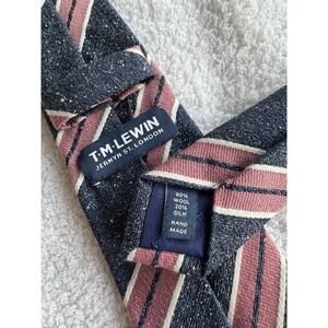 T.M. Lewin	Pink Blue Indigo Stripes Repp Slubby Silk Wool Blend Skinny Tie